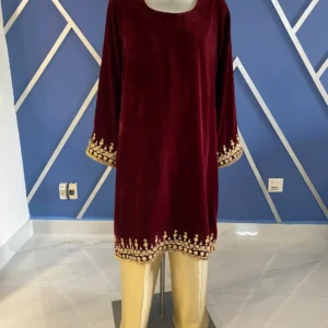 REDISH MAROON VELVET DRESS WITH GOLDEN HAND EMBROIDERY